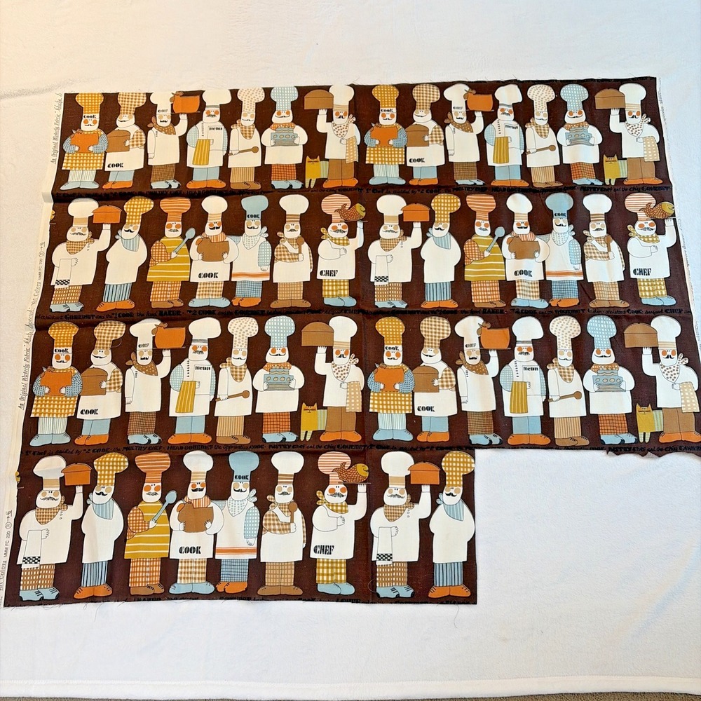 Vintage Waverly Chef's Special Cotton Dark Brown Fabric Cook Chef Remnant 38x47